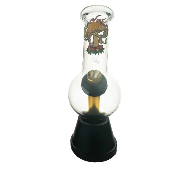 Psychedelic Mushroom Small Glass Bonza Bong 18cm with a vibrant mushroom-themed design and durable glass.